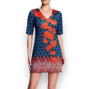 Plenty Tracy Reese Sheath Floral Knee Length V Neck Formal Dress Women's 6 Blue